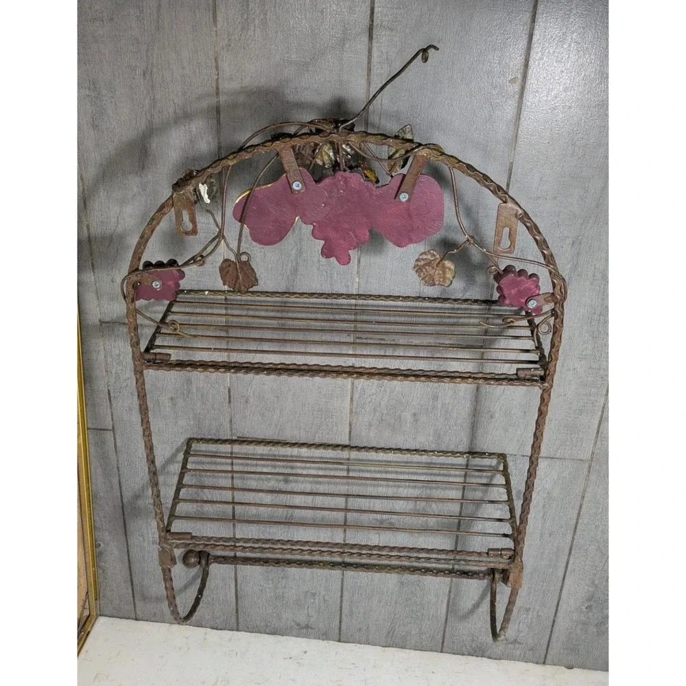 Vintage Wrought Iron 2 Tier Wall Rack Fruit Accents Towel Bar Tuscan Farmhouse